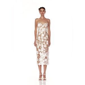 Bronx and Banco Strapless Nude Sheer Dress with White Floral Appliqué